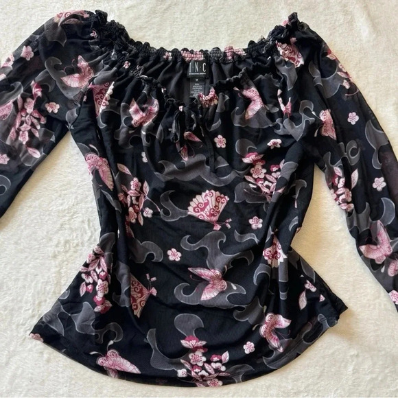 Y2K Sheer Mesh Top, Fairy Grunge Asian Floral Butterfly Mesh Top by INC - Picture 3 of 13